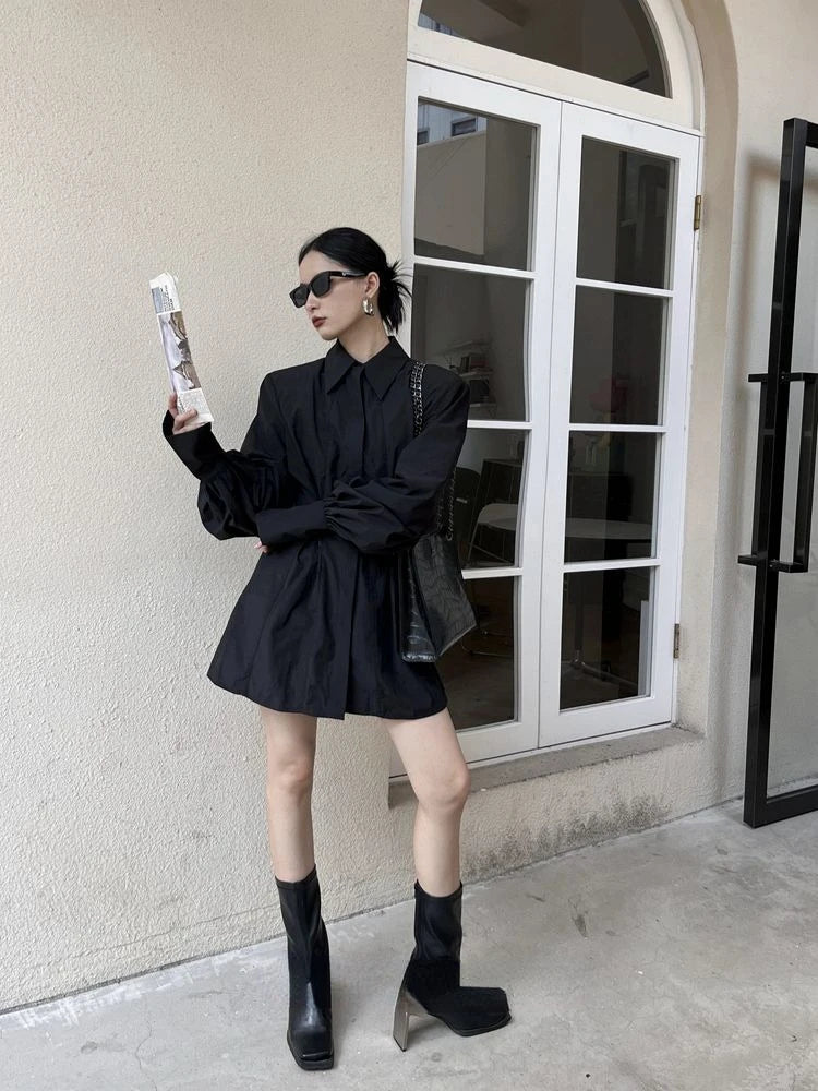 Lapel Neck Black Shirts Y2k Egirl Slim Waist Allmatch Blusas Mujer Spring New Long Sleeve Zipper Blouses