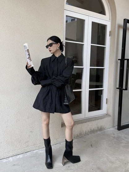 Lapel Neck Black Shirts Y2k Egirl Slim Waist Allmatch Blusas Mujer Spring New Long Sleeve Zipper Blouses