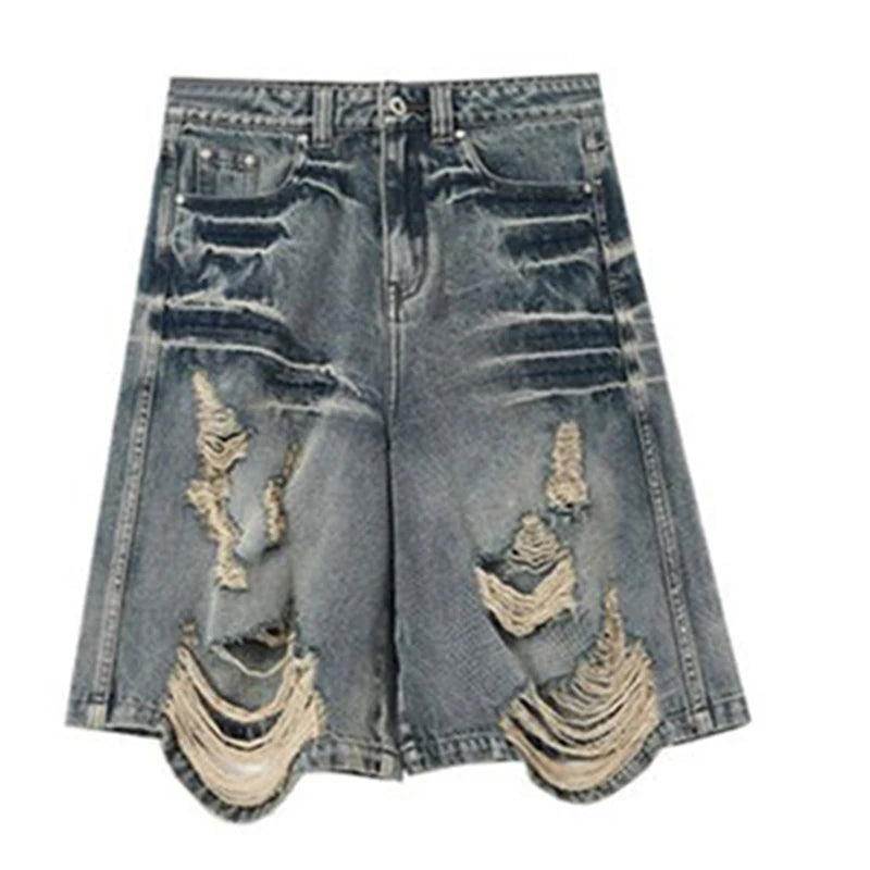 Y2k Denim Shorts American High Waist Baggy Wide Leg Denim Shorts New Hole Straight Knee Length Pants