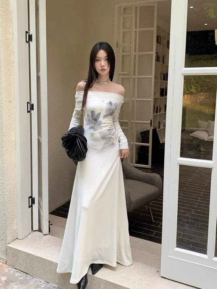 Ink Blue Blended Long Dress for in Autumn and Winter, With a Highend Feel and Printed Elastic One Neck Knitted Dress