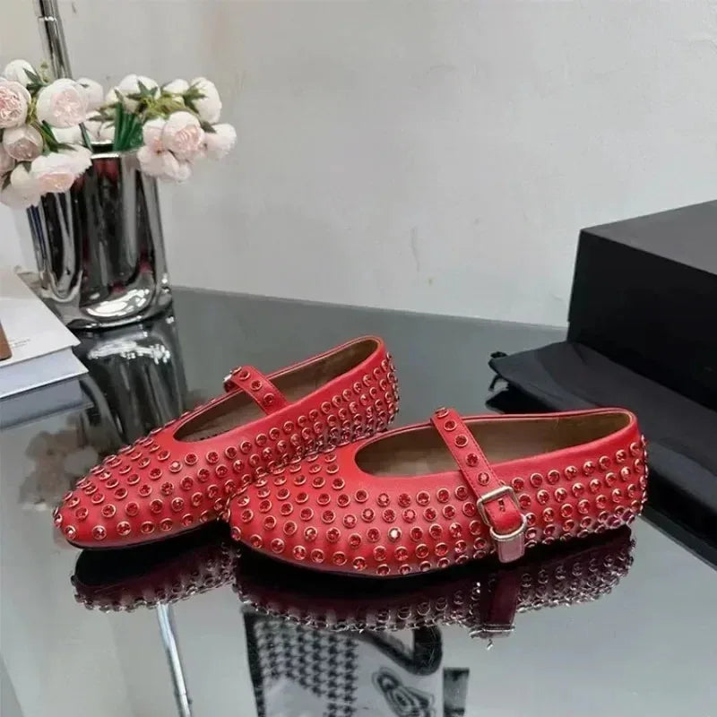 Summer Comfort Flat Mary Jane Single Shoes European and American Rivet Buckle Shoes Dance Shoes