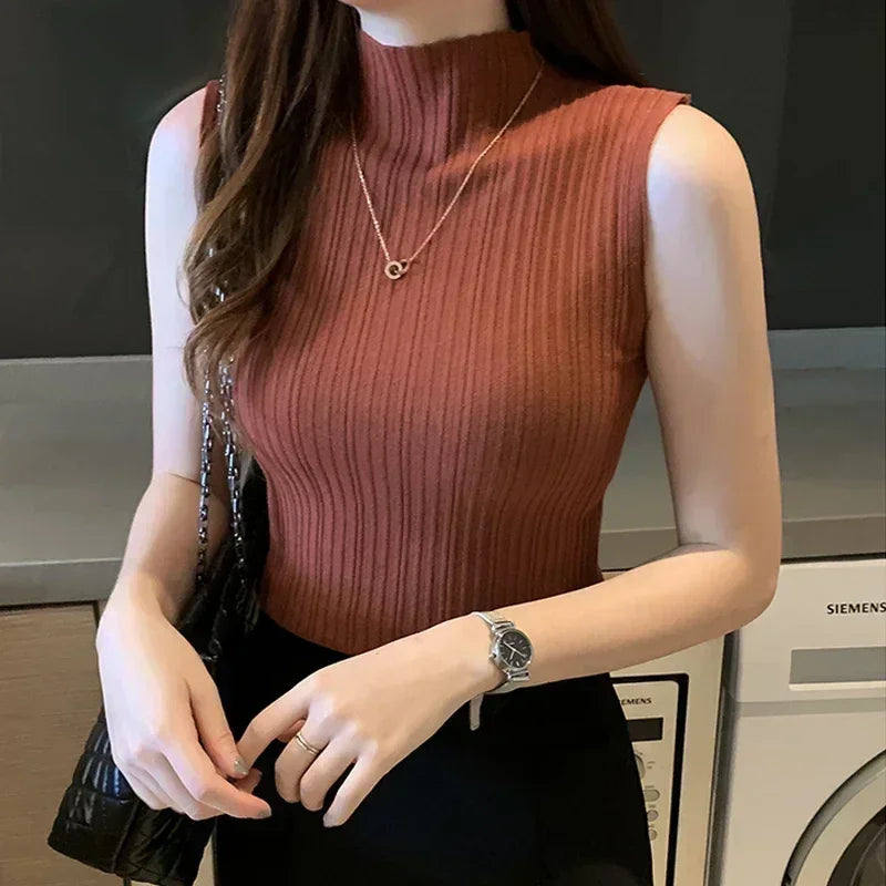 Knitted Slim Tank Top Sleeveless O-neck Crop Top T-shirt Cotton Off Shoulder Crop Tank Top Summer