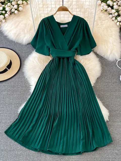 Pleated Dress Summer Short Sleeve V-neck Dresses a Line High Waisted Midi Dress