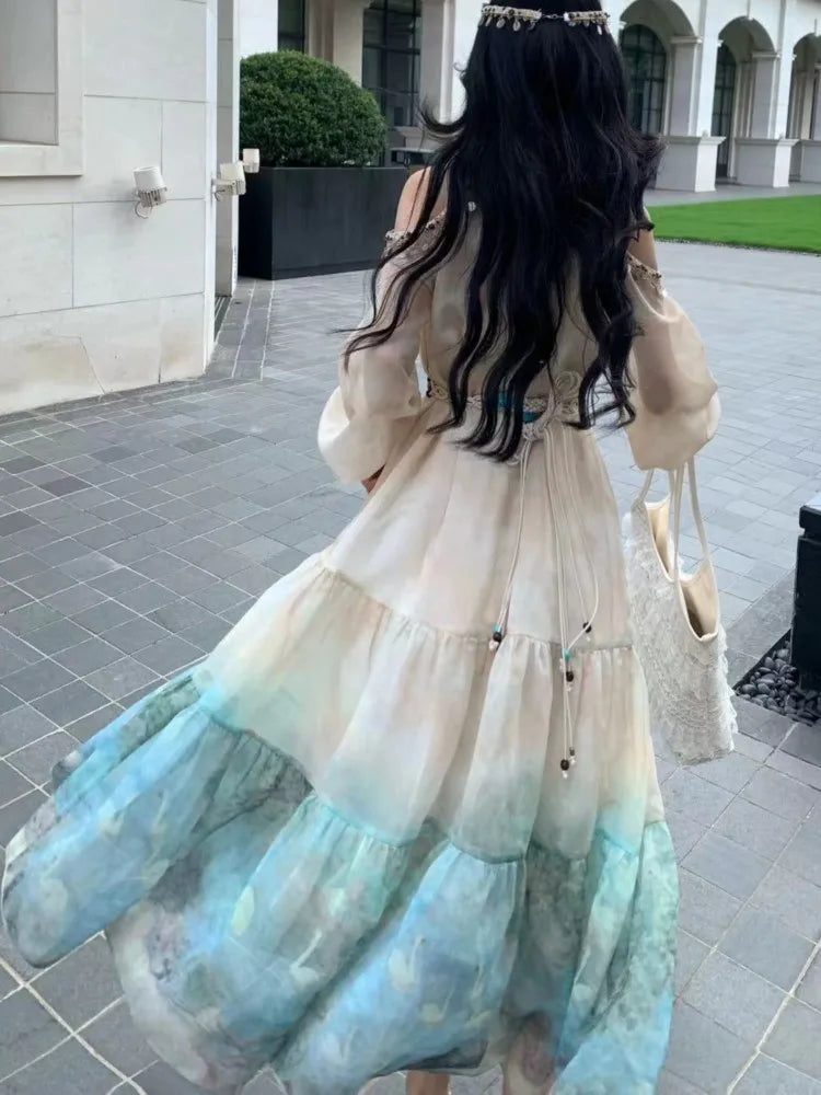 Autumn Printed Midi Dress for Off Shoulder Halter Long Sleeve Loose Aline Dresses Female Vestidos Mujer