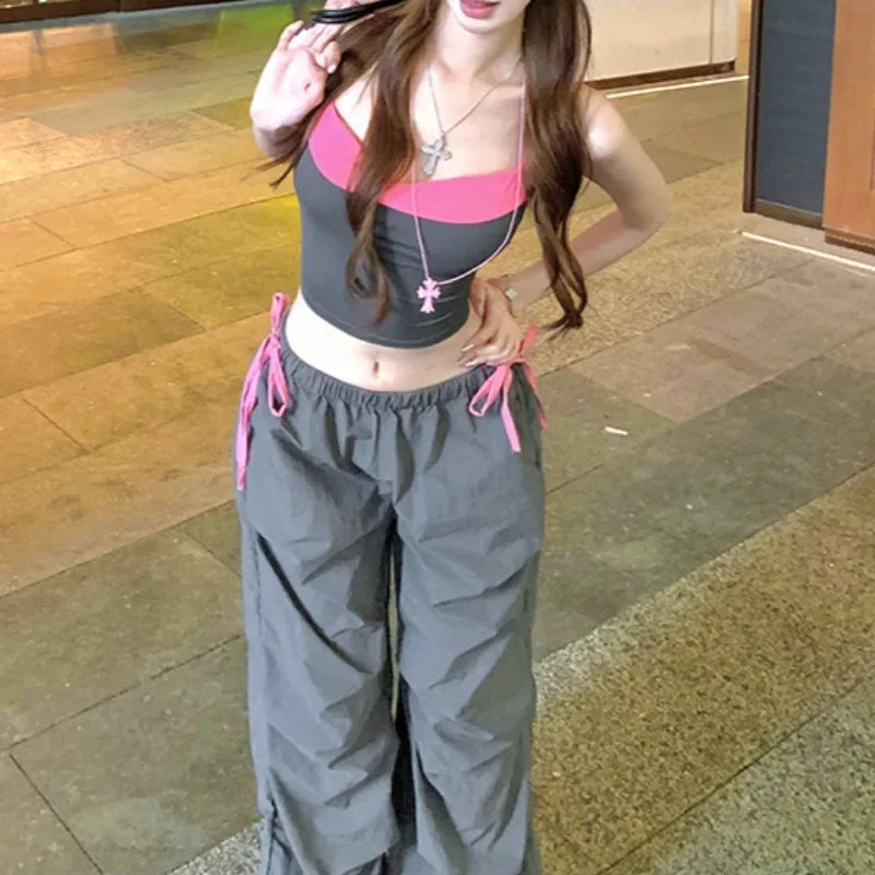 Summer New American Laceup Pleated Loose Wide Leg Pants + Backless Patchwork Camisole Twopiece Suit