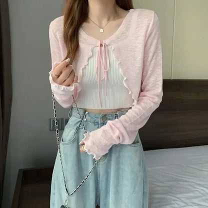 Female Summer Thin Sweater Shirts Lady Full Sleeve Laced Knitted Cardigan Outwear for Woman