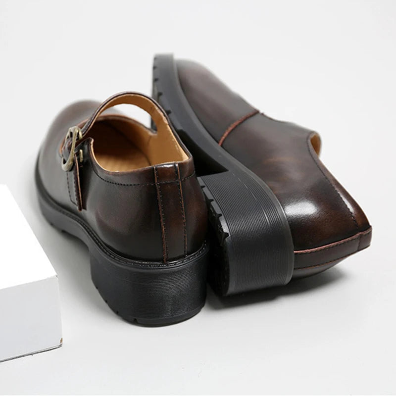 New Small Leather Shoes Round Toe Highheeled Retro Leather British College Style Shoes Mary Jane Shoes