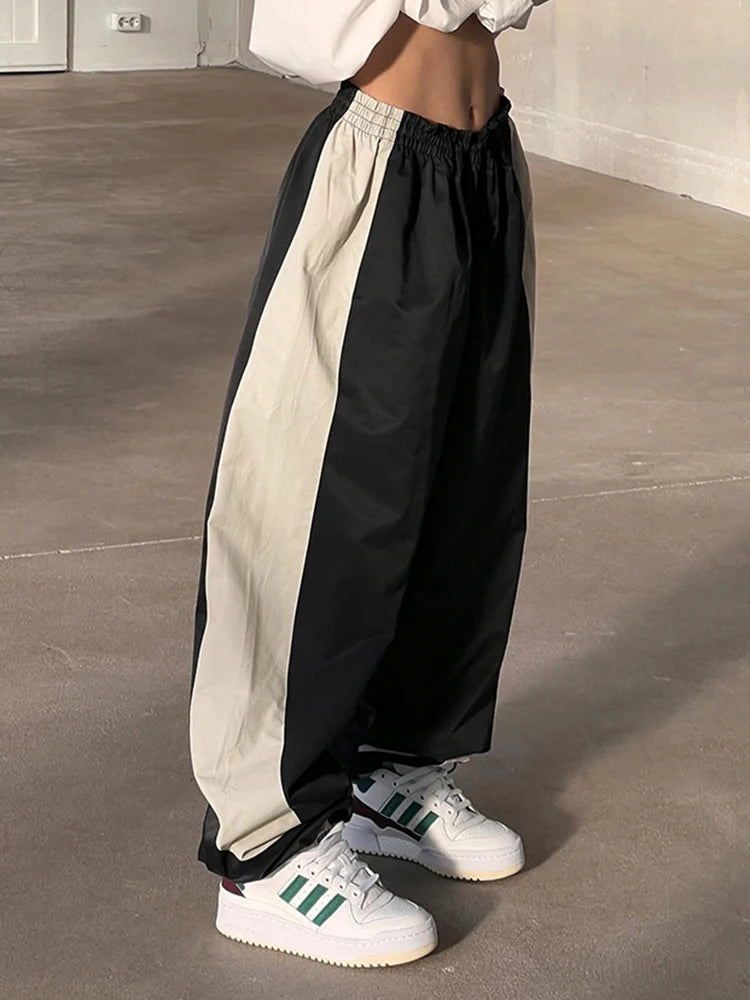 Contrast Patchwork Track Pants Elastic High Waist Loose Hippie Baggy Trousers Woven Jogging Sweatpants