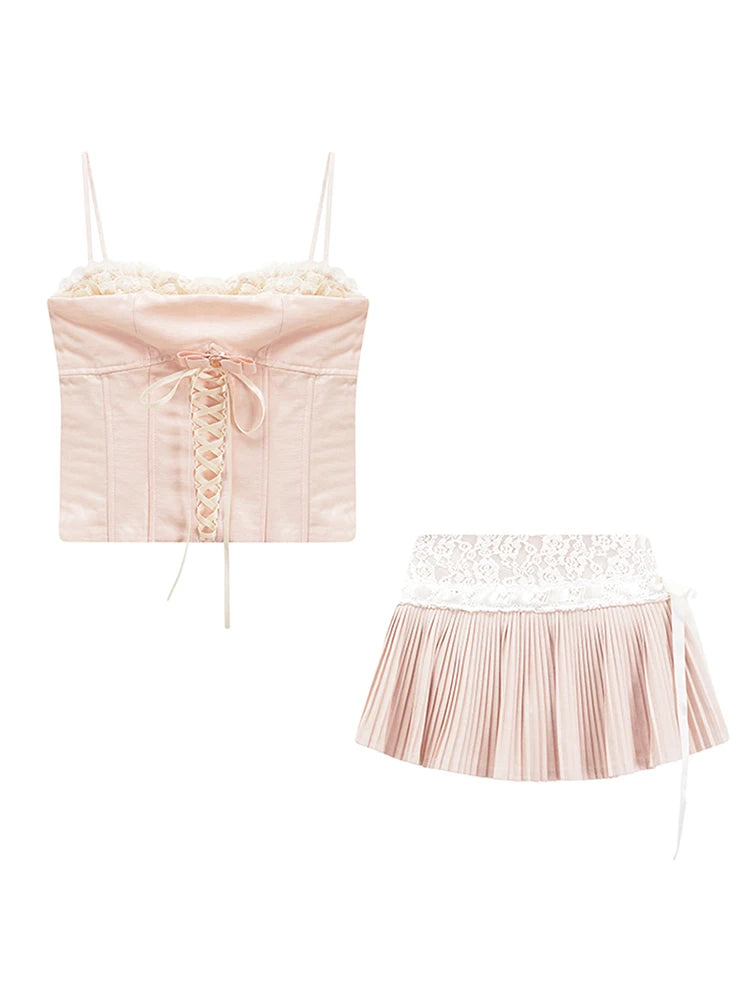 Y2k Coquette 2000s Aesthetic Ballet Core Rave Birthday Gyaru Outfits 2 Piece Set Camisole + Night Club Mini Pleated Skirts