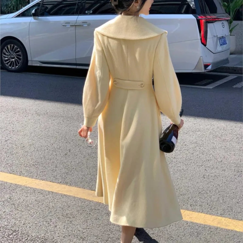 ’s Long Coats Winter New Outerwear Lapel Double Breasted Lantern Sleeve Woolen Overcoats