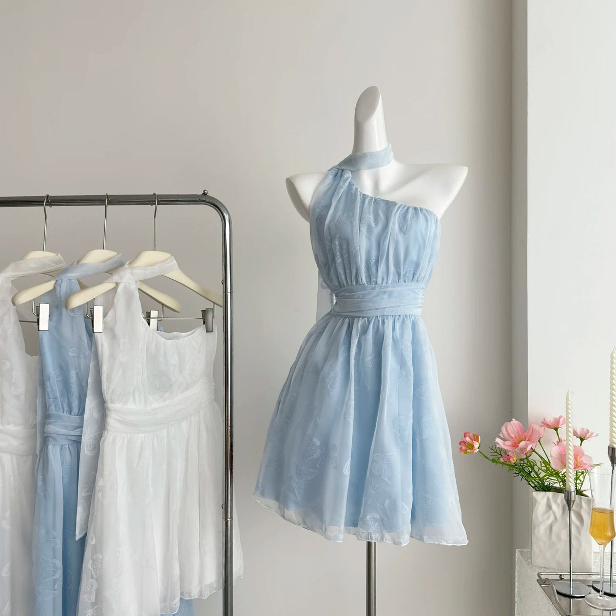 Sweet Blue Chiffon Dress Beach White Midi Dress Korean Evening Party Sleeveless Y2k Summer