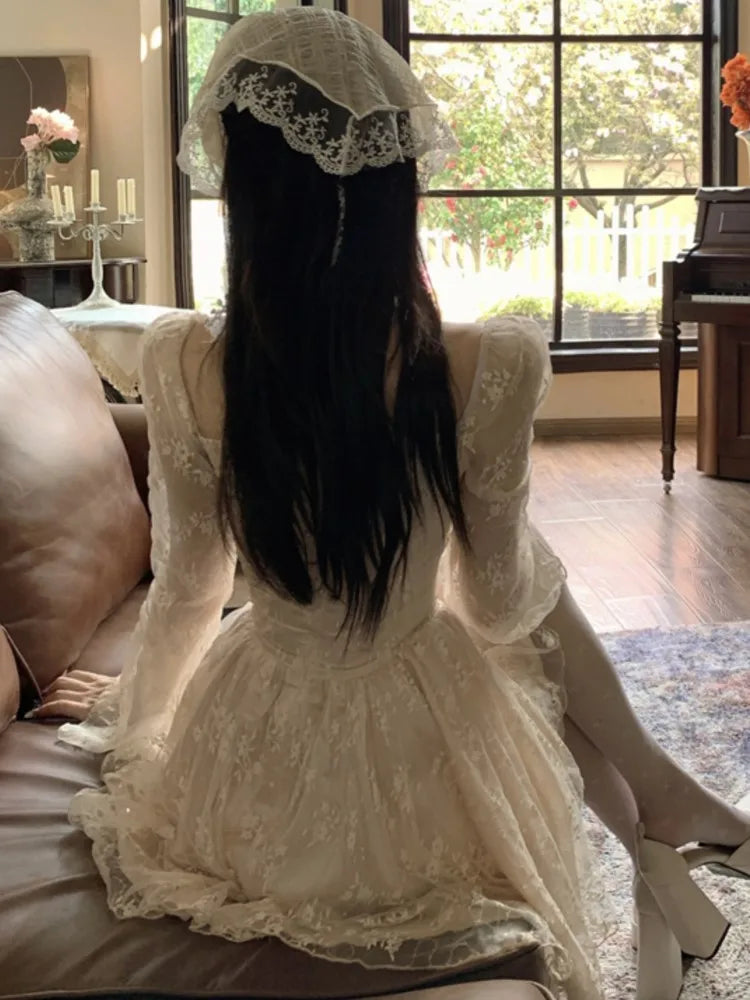 Sweet Fairy Dresses Lace Patchwork Bow Laceup Square Collar Flare Long Sleeve Party Mini Dress Short Vestidos