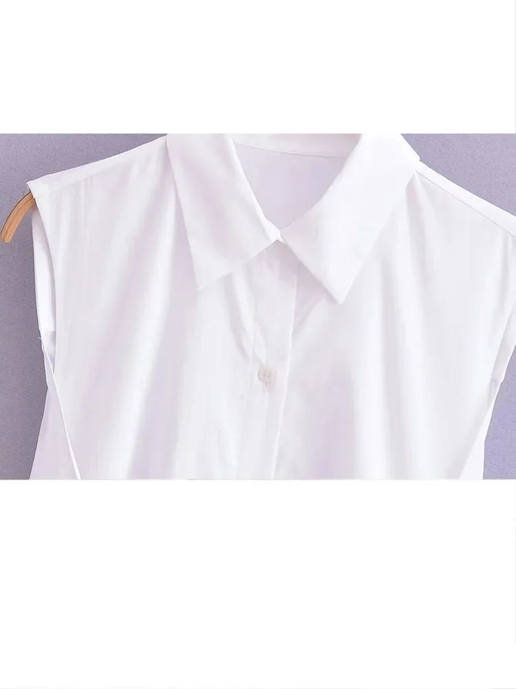Woman Sleeveless Lace Up Dress Ruched Slim Lapel Shirt Midi Dresses Female Singlebreasted Long Dress