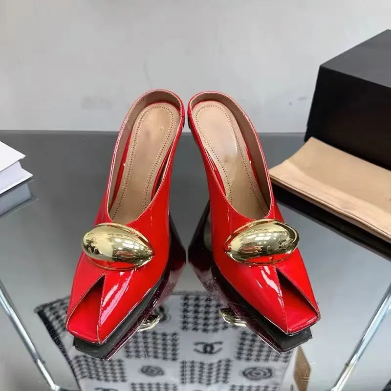 European and American Metal Buckle Slim High Heel Muller Fish Mouth Sandals Pointed Nightclub Runway Shoes