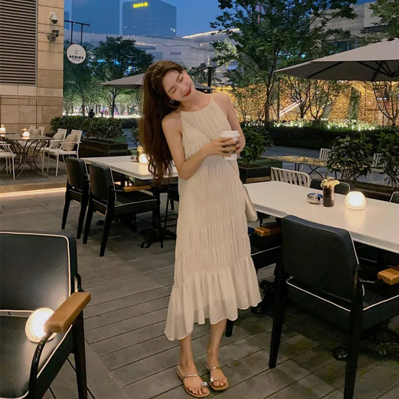 Sleeveless Chiffon Dress Round Neck Aline Shape Striped Slim Long Dress Daywear Color Female Summer