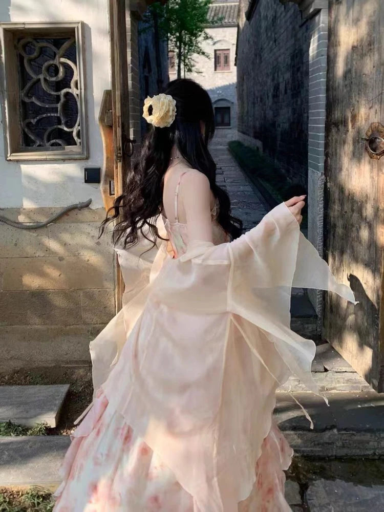 2 Piece Dress Sets Chiffon Summer Slim Strap Dress + Fairy Cardigan Suit Even Party