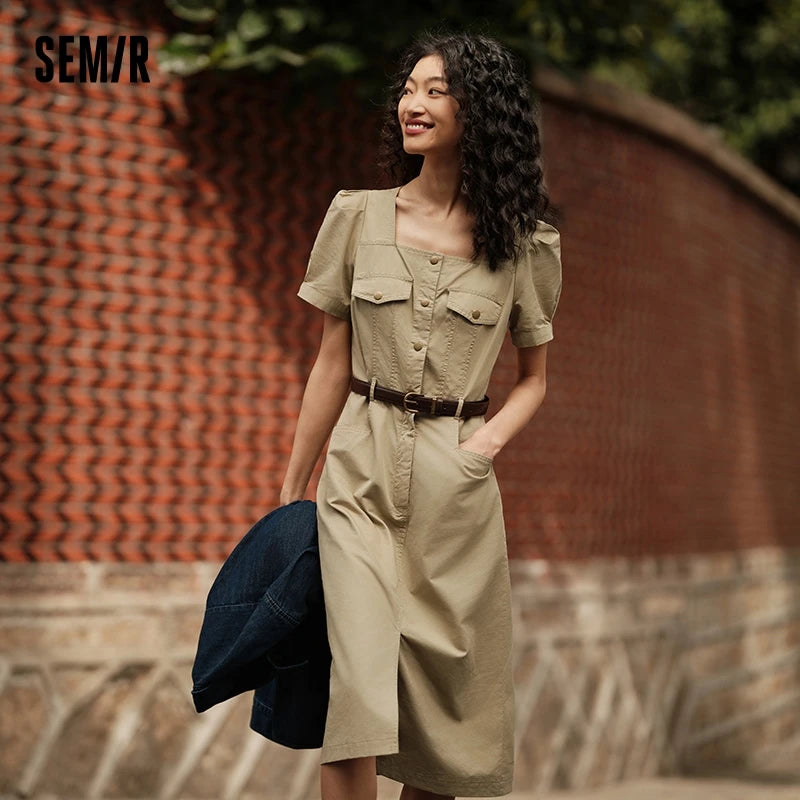 Dress Square Neck Split Midi Dress Summer New Salt-washed Utility Dress With Vibes