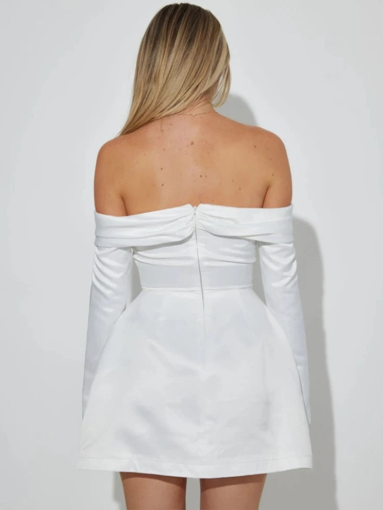 Off Shoulder Mini Dress for High Waist Long Sleeve Slits Aline Dresses Party Evening Dress Lady