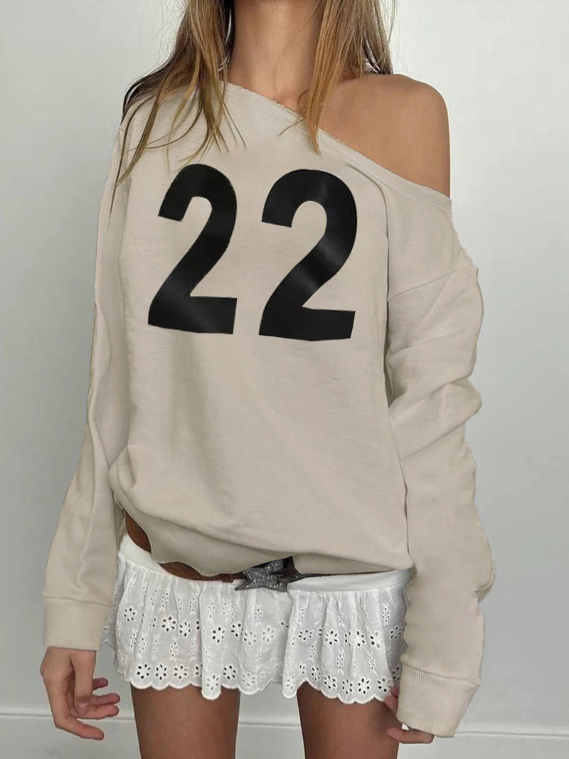 Figure Print Loose Sweatshirts Autumn Winter New Off Shoulder Slash Neck Pullovers
