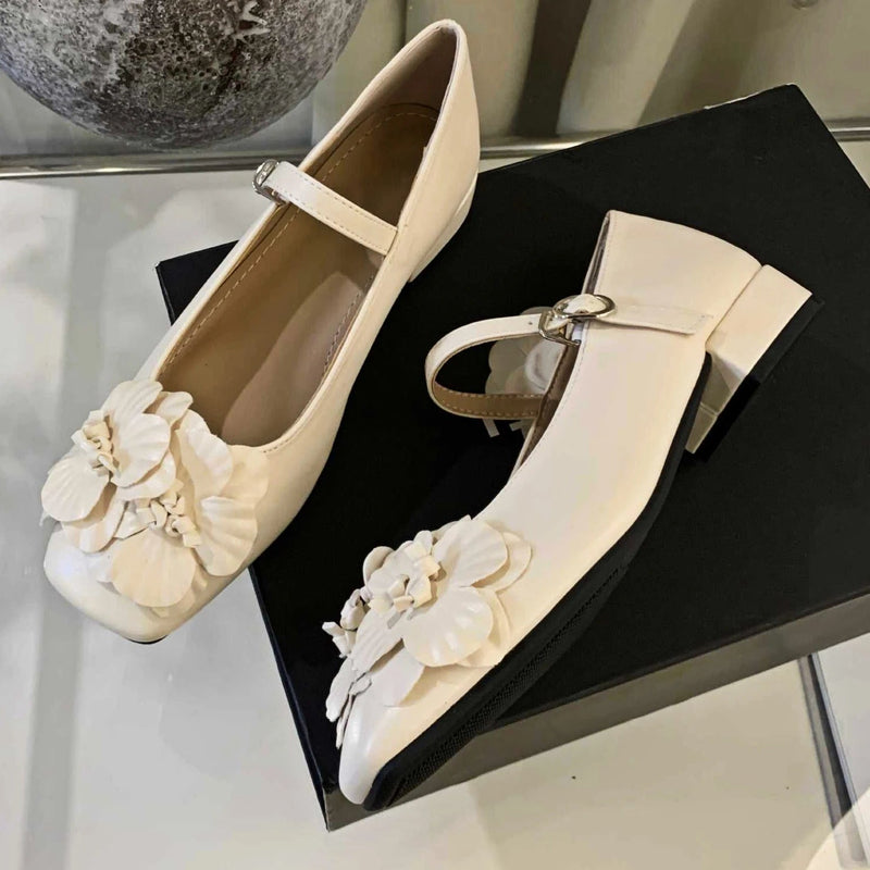 Chunky Heel Flower Mary Jane Shoes Fashions Low Heel Shoes Square Toe Ballet Shoe Designer Pumps Female