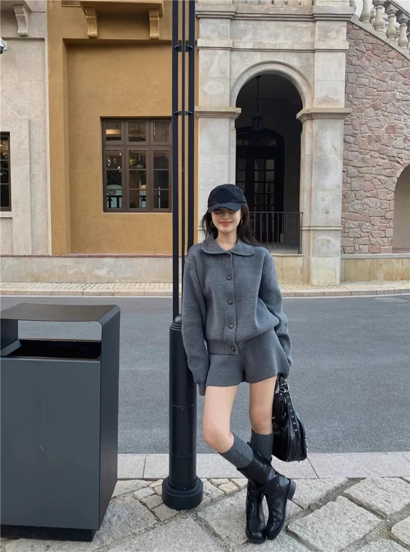 Sweet Hot Girl Suit Autumn/winter Sweater Peter Pan Collar Knitted Cardigan High Waist Shorts Twopiece Set
