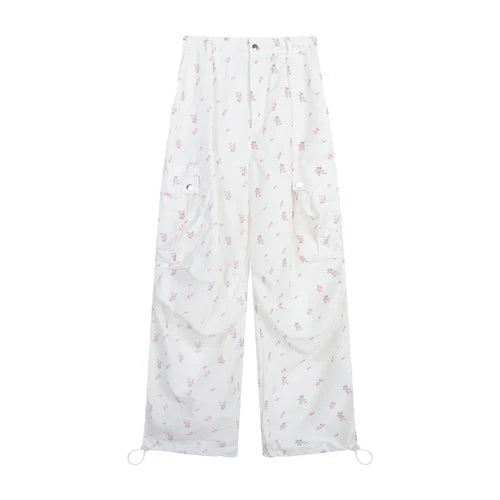 Printing Cargo Trousers for High Waist Patchwork Drawstring Long Pants Female Style