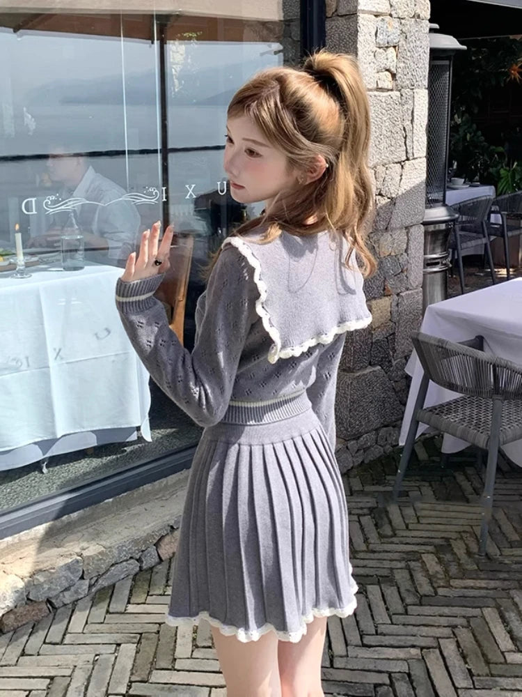 Winter Spring New 2 Piece Mini Sweater Knit Pleated Skirts Set Slim Korean Preppy Style Female Outfits