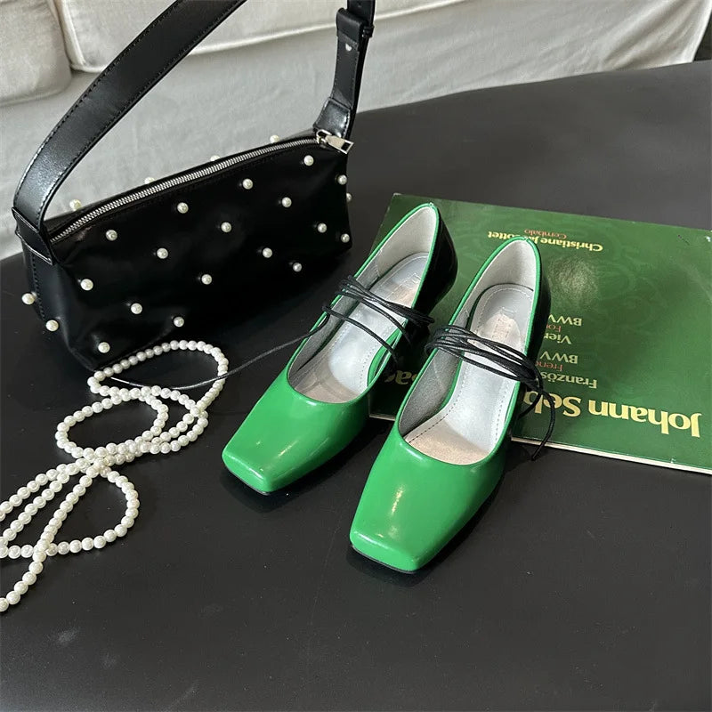 Squaretoed Mary Jane Shoes Pumps Mixed Colors Designer Slingback Shoes Female Retro Ankle Straps High Heels Mary Jane