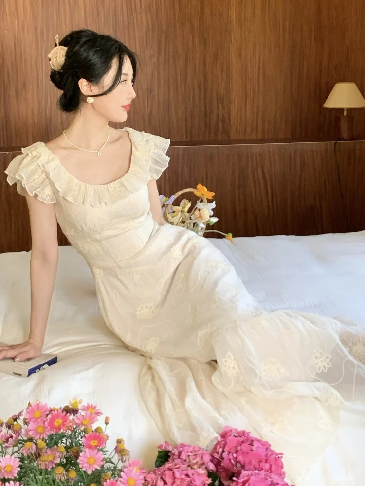 Summer French Midi Dress Ruffles Slim Party Dress Holiday Beach Korean Vestidos
