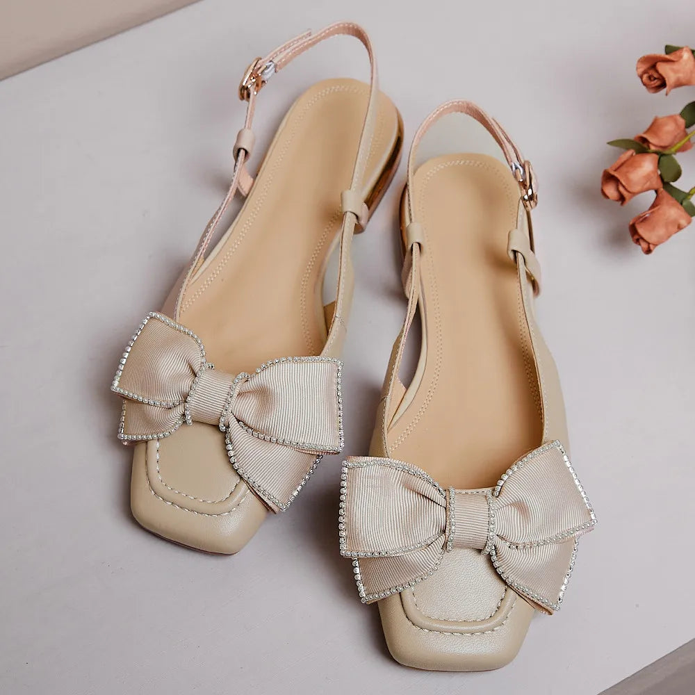 Genuine Leather Slingback Slipon Flats Sandals Square Toe Sweet Bowtie Korean Style Summer Flats Sandalias Shoes