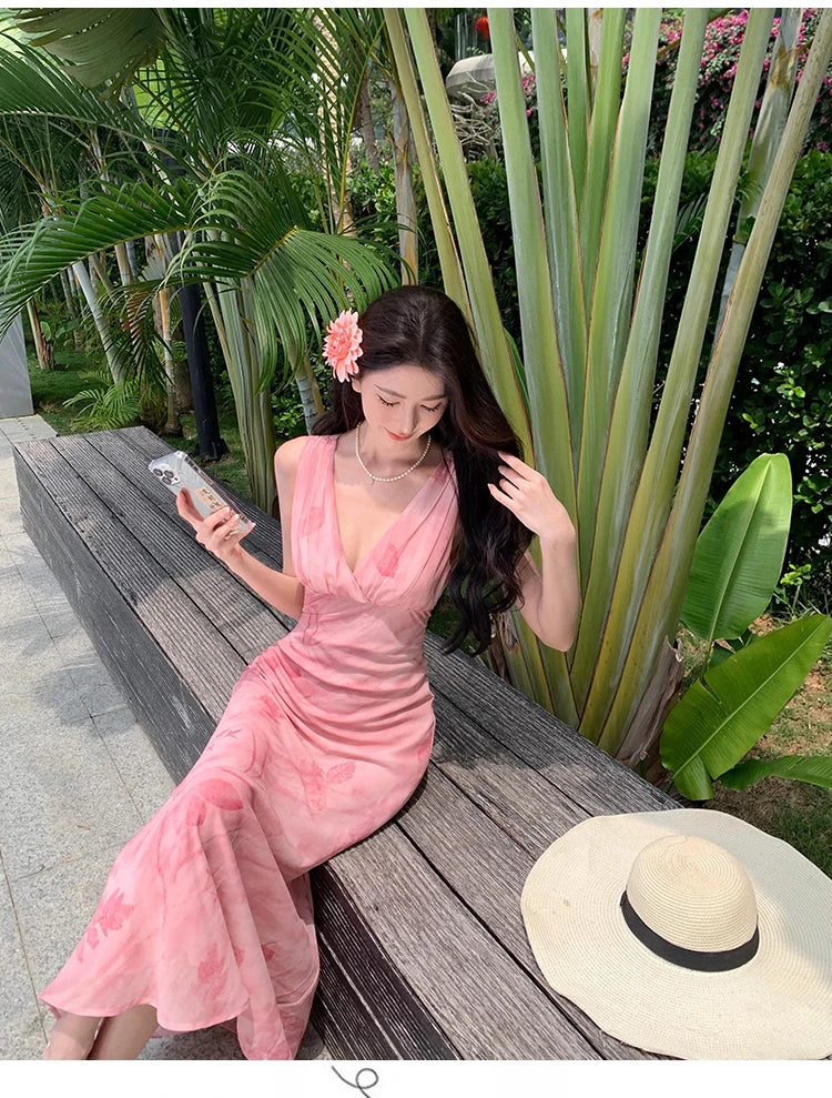 Print Long Dresses Vneck Sleeveless Bodycon Evening Party Dress New Slim Waist Vestidos Mujer New Robe