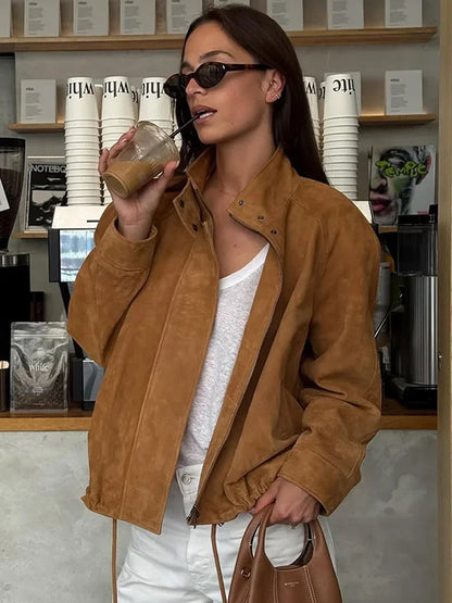 Long Sleeve Stand Collar Female Coats Suede Zipper Jacket for Autumn New Lady Pockets Outerwear Street