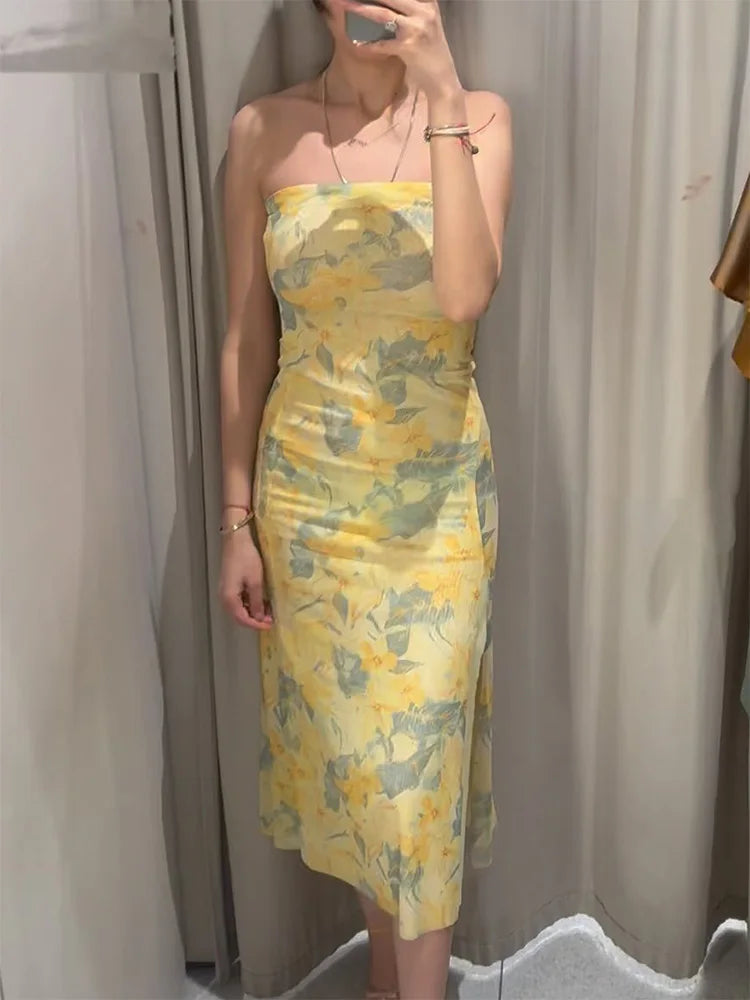 Summer Printed Tube Long Dress for Woman Strapless Slit Slim Fit Dresses Female Tulle Dress