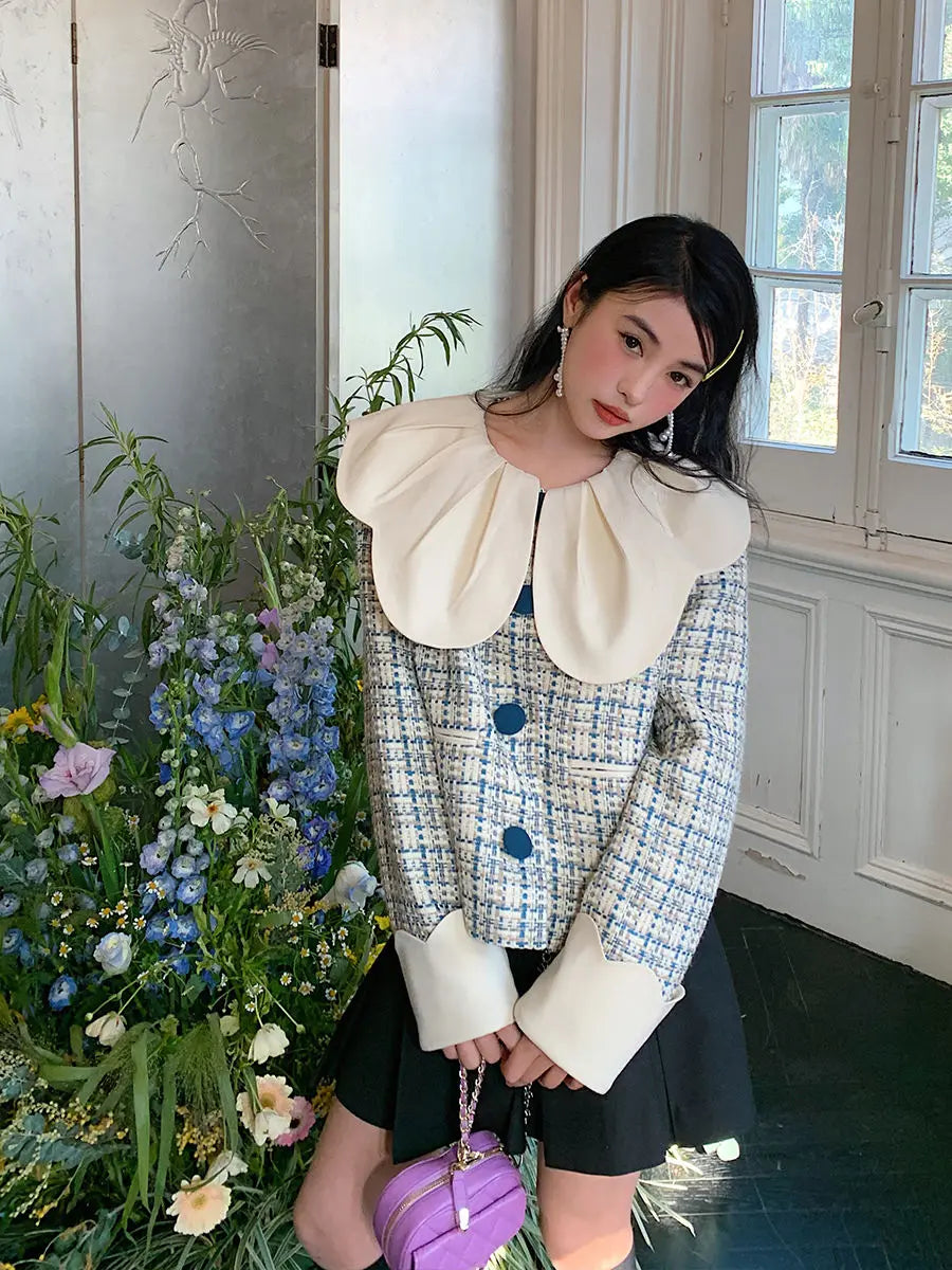 Spring New Petal Ruffled Collar Spliced Loose Tweed Coat Clothing Winter Coat High End Sweet Short Jackets Tops