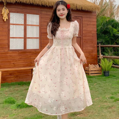 Summer French Chiffon Lace Dress Square Neck Waist Slim Shortsleeved Dress Bandage Midlength Dresses