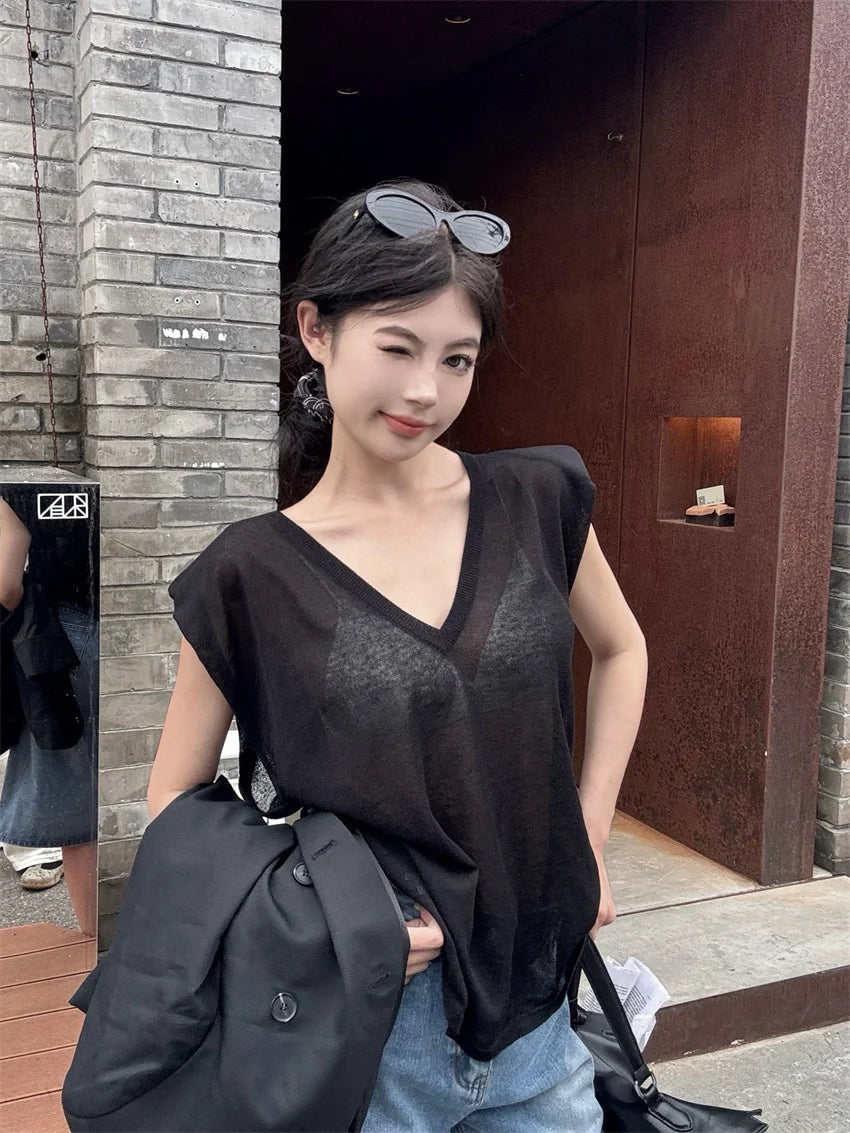Gentle Sweater Vest Loose Knitted Minimalist Autumn Ol Slim Vneck New All Match Coats