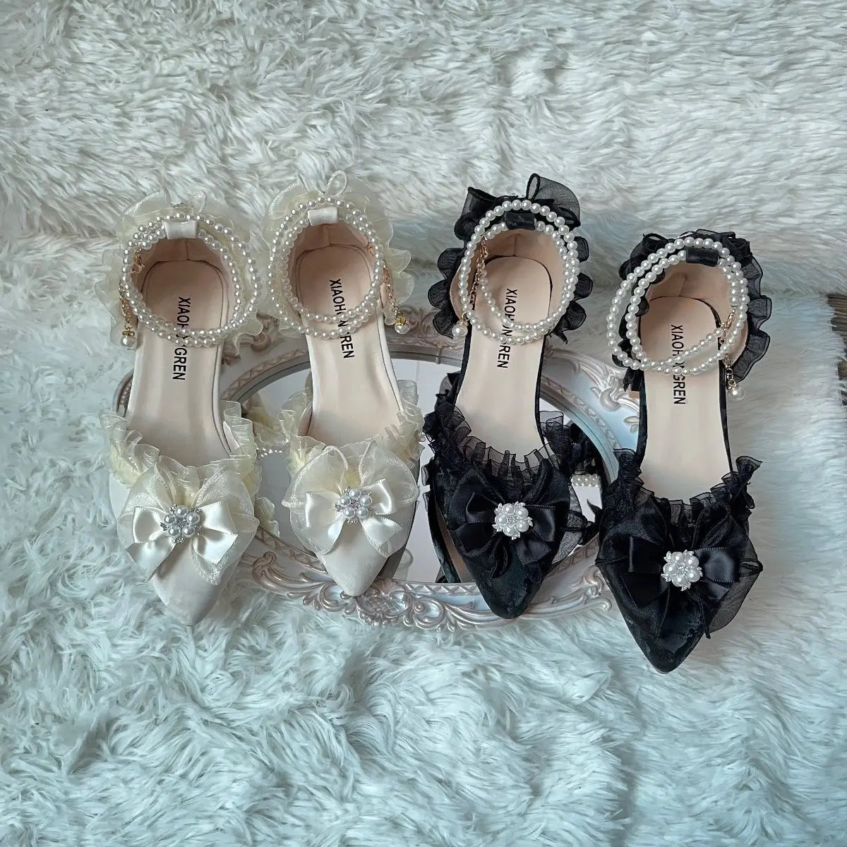 Lolita Sweet High Heel for Bow Slingback Shoes Wedding Shoes Bride Chunky Heel Shoes