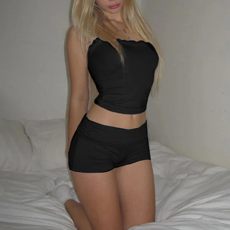 Shorts Set Basic 2 Piece Sets Lace Trim Sleeveless Camis Tops Lowwaisted Shorts Housewear