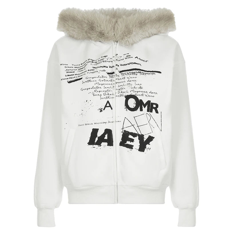Y2k Letter Prints Hoodies Faux Collar Hooded S Autumn Winter Clothes Korean Style Coat