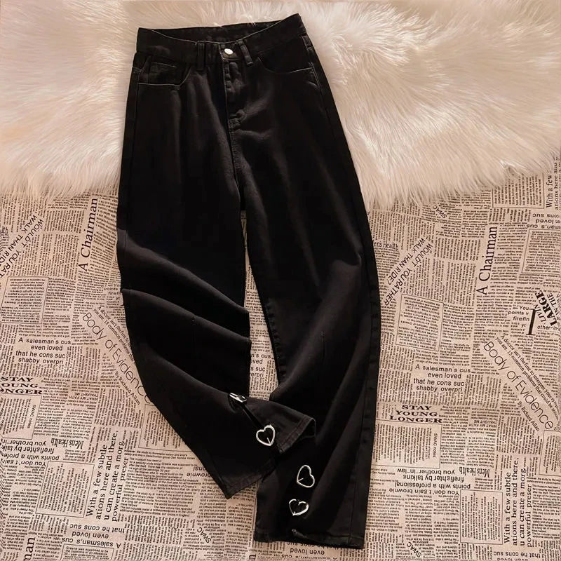 Korean Lace Slit Jeans Pants High Waist Oversize Wide Leg Trousers New Ins All Match Denim