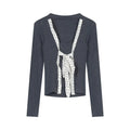 Spring New Korean Polka Dot Lace Up Longsleeved Tshirt + Contrast Color Patchwork Pants Twopiece Suit