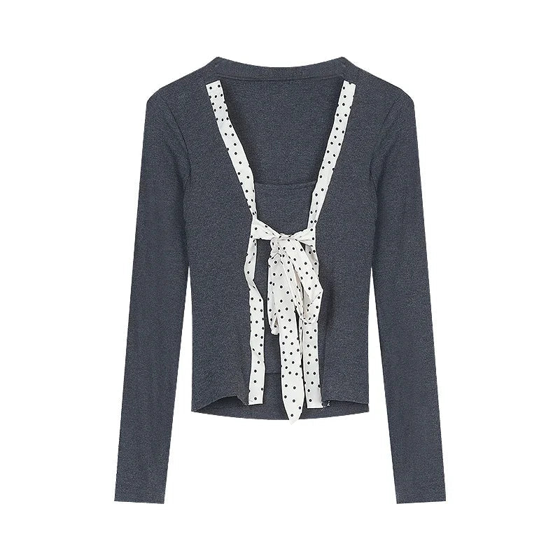 Spring New Korean Polka Dot Lace Up Longsleeved Tshirt + Contrast Color Patchwork Pants Twopiece Suit