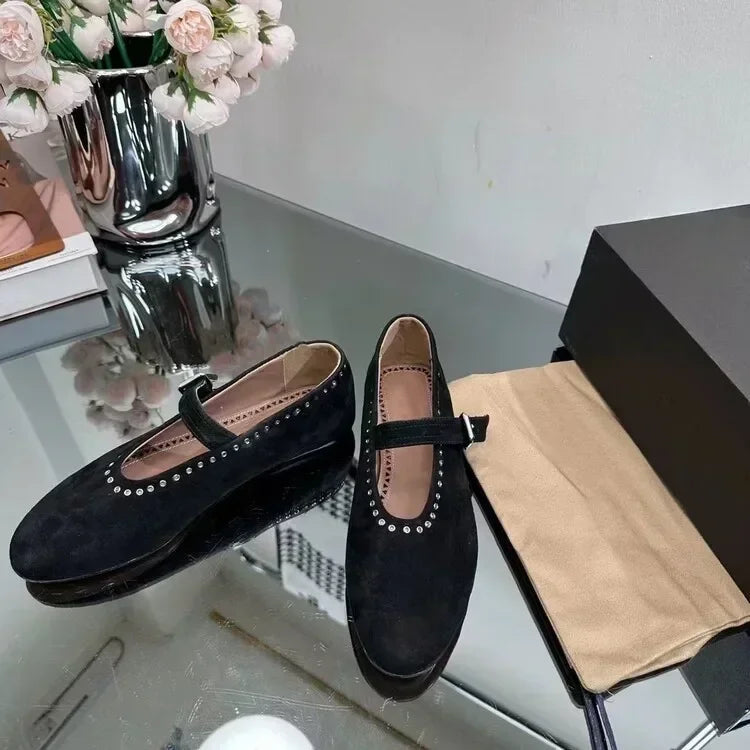 Summer Comfort Flat Mary Jane Single Shoes European and American Rivet Buckle Shoes Dance Shoes