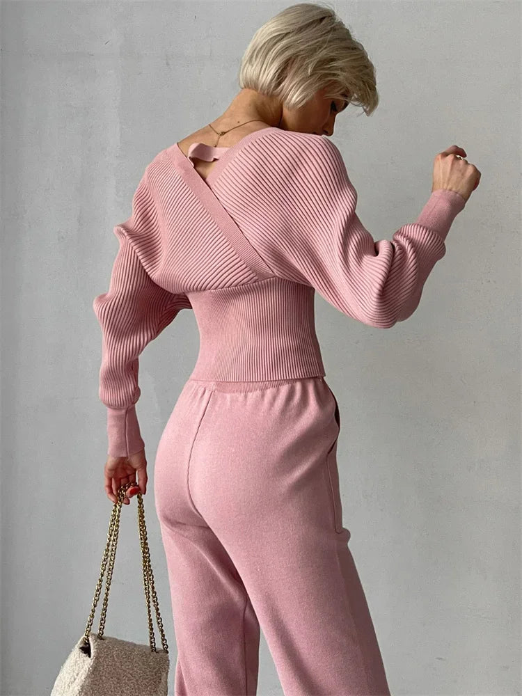 Knit Vneck Pullover 2 Pieceset for Patchwork Sweater and High Waist Drawstring Pants Sets Outfits