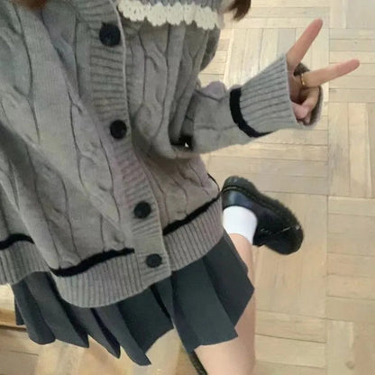 Knitted Cardigan Sweet Lace Turn Down Collar Preppy Style Loose Stretch Outwear Sweater Female
