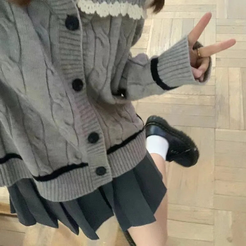 Knitted Cardigan Sweet Lace Turn Down Collar Preppy Style Loose Stretch Outwear Sweater Female