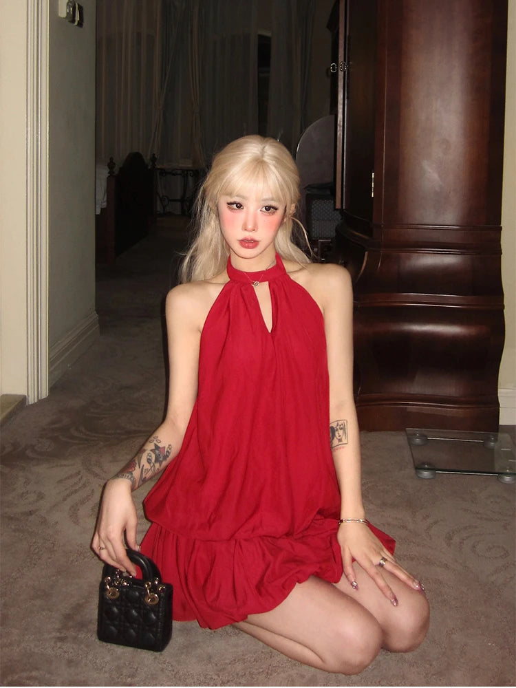 Red Mini Dress Club Even Party Clothing Outwear Sleeveless French Y2k Dress Female Summer