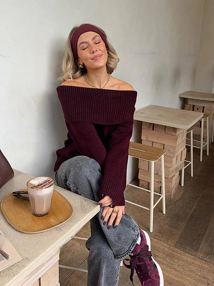 Knitted Off Shoulder Sweater Loose Long Sleeve Pullover Sweaters Lady Spring Versatile Street Knitwear