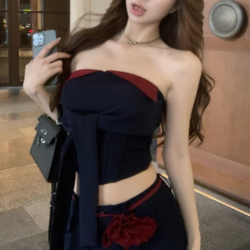 Summer New High Street Lace Up 3d Flower Loose Wide Leg Pants + Patchwork Camisole Twopiece Suit