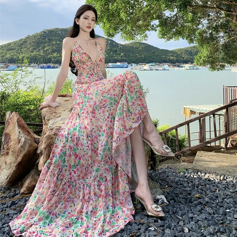 Sweet Hot Girl Pink Dress Spring/summer Holiday Backless Halter Aline Long Dress Female Clothes